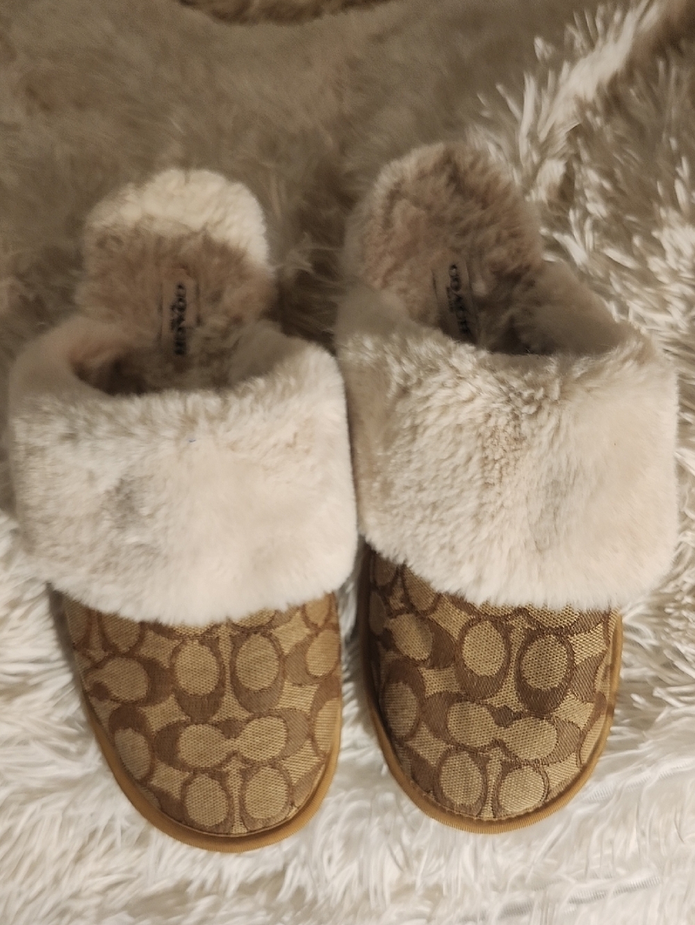 Coach Brown Monogram Faux Fur Lined Slippers. Size 10